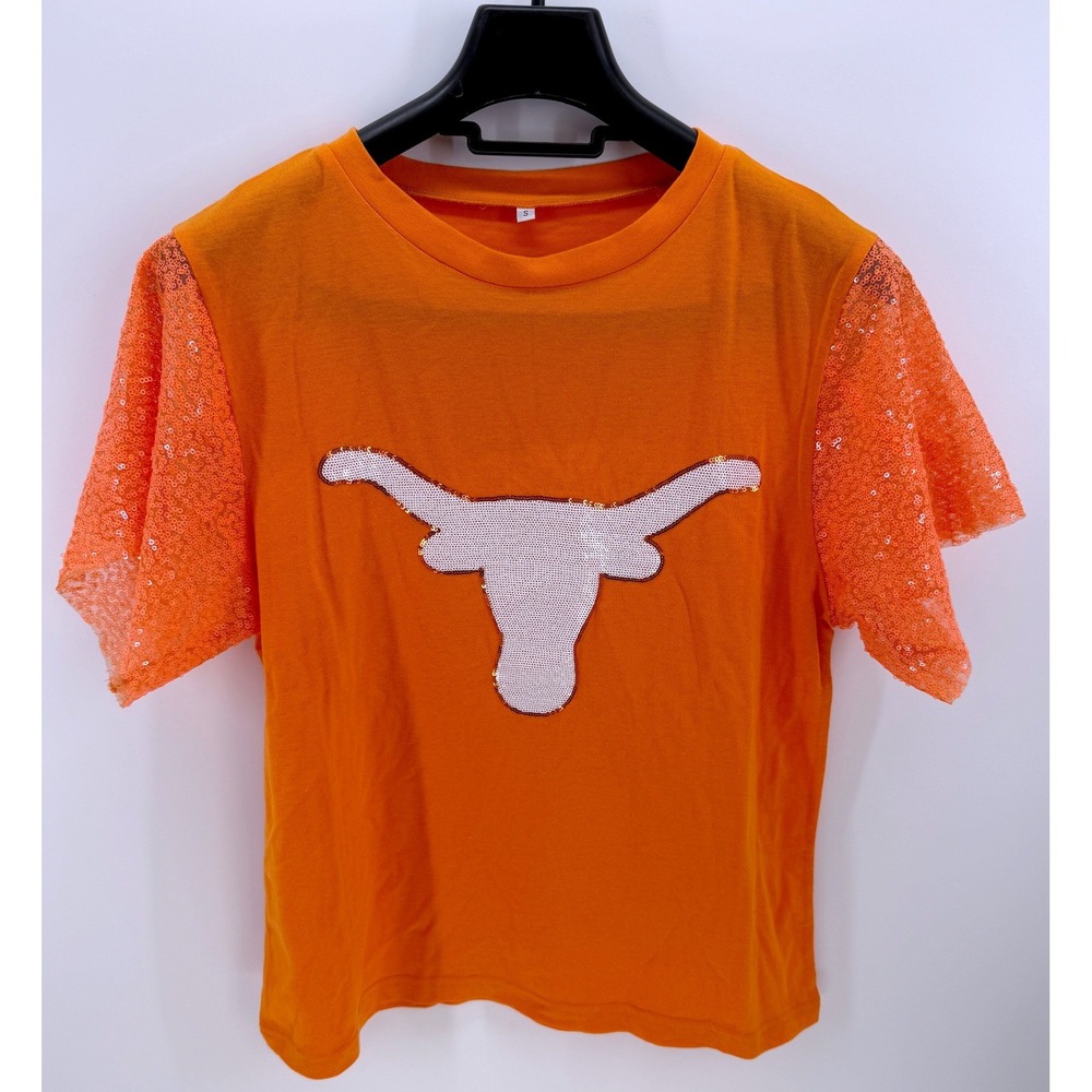 Texas Longhorn Sequin Lace Sleeve T-Shirt Orange White Game Day Top Small